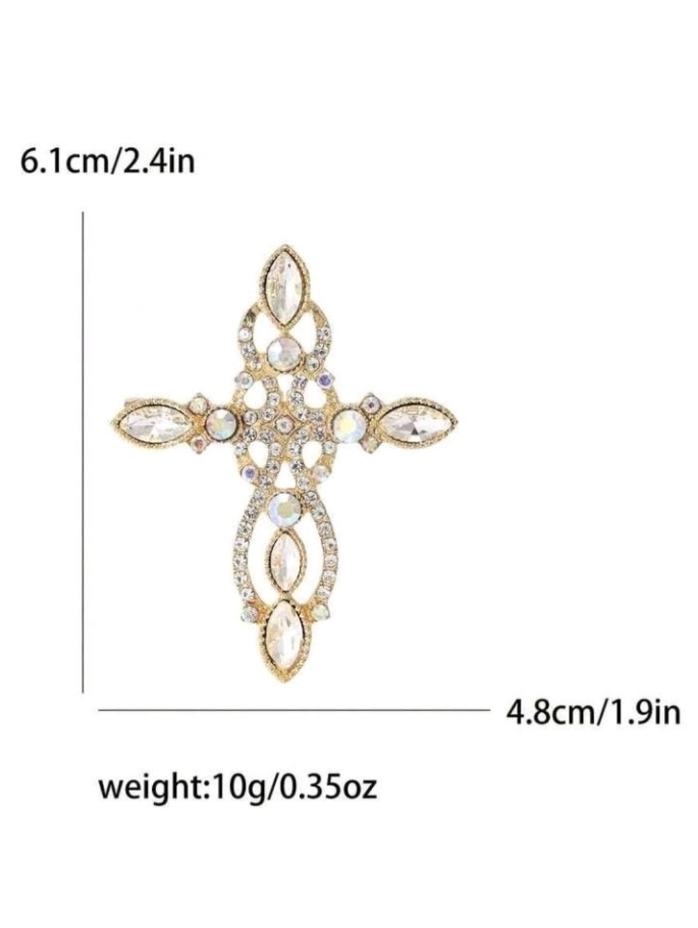 Golden Iridescent Rhinestone Cross Brooch Pin - Picture 5 of 5